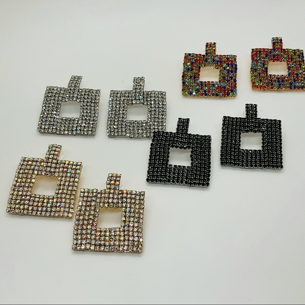 Multi-Color Geometric Diamond Studded Rhinestone Drop Earrings - Picture 7 of 7